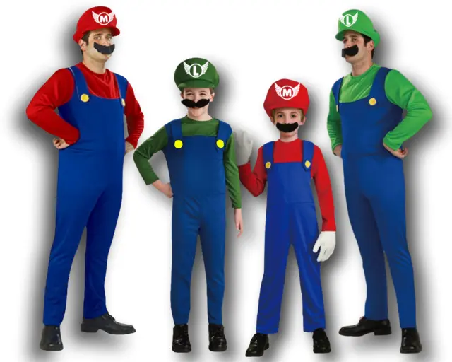 Mens Womens Kids Child Plumbers Mate Mario Luigi Super Bros Fancy Dress Costume