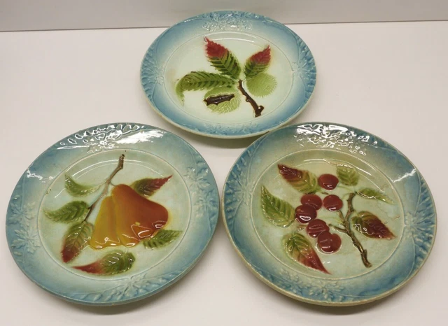 -3 Anciennes Assiettes A Dessert Barbotine Fruits Poires Cerises & Chataignes  D
