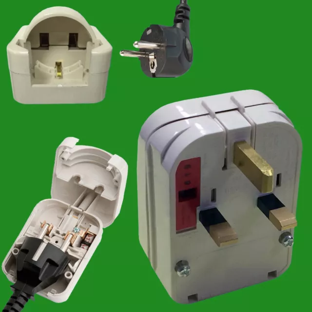 White 2 Pin Schuko to 13A UK 3 Pin Mains Fused Plug Converter Travel Adapter