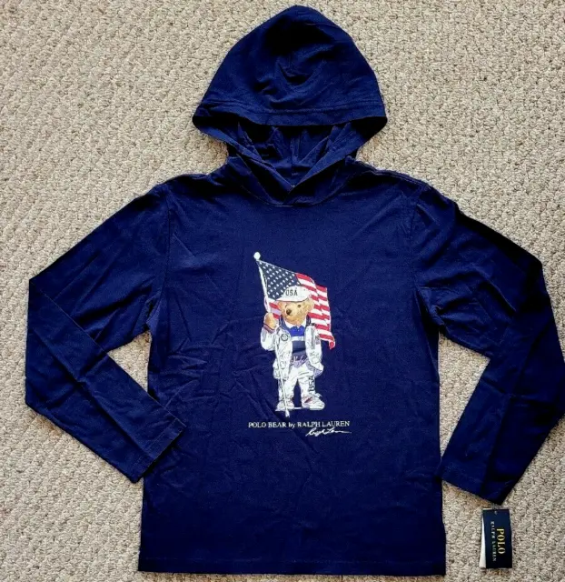 POLO Ralph Lauren Olympics II Navy BEAR LS Hoodie T-Shirt Boys Size L 14/16 NWT