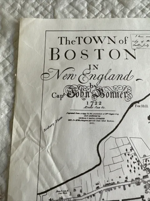 Vintage Map The Town of Boston Mass 1722 Captain John Bonner 11" x 15 1/2" 3