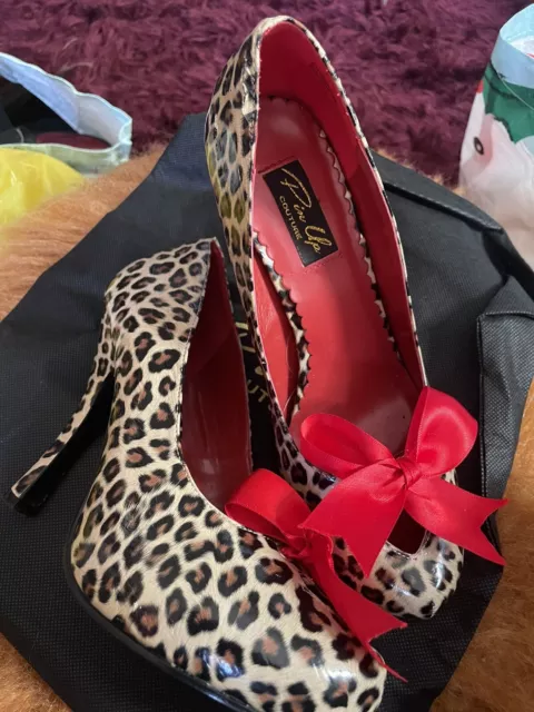 Ladies Leopard Pin Up Couture Shoes. Heels Sz 5 Red Bow Vgc Rockamilly Quirky