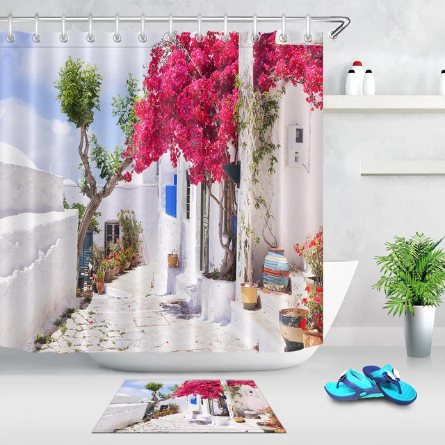 72/79" Island Beautiful Greek Street Flower Shower Curtain Set Waterproof Fabric
