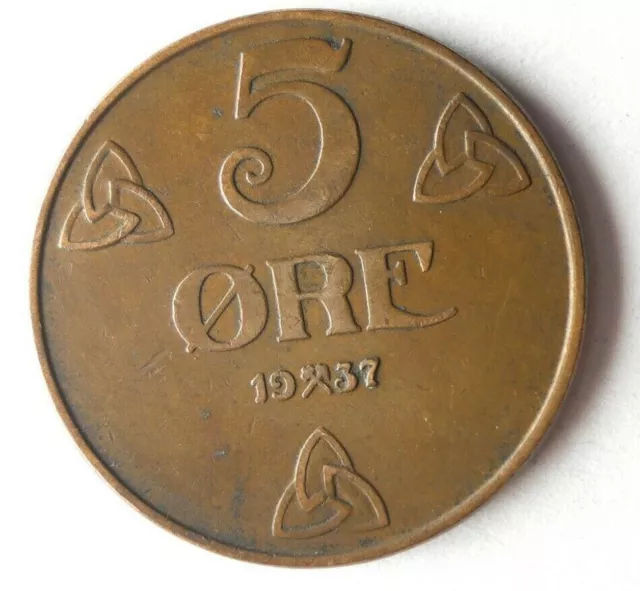 1937 NORWAY 5 ORE - High Quality Coin - FREE SHIP - Bin #71