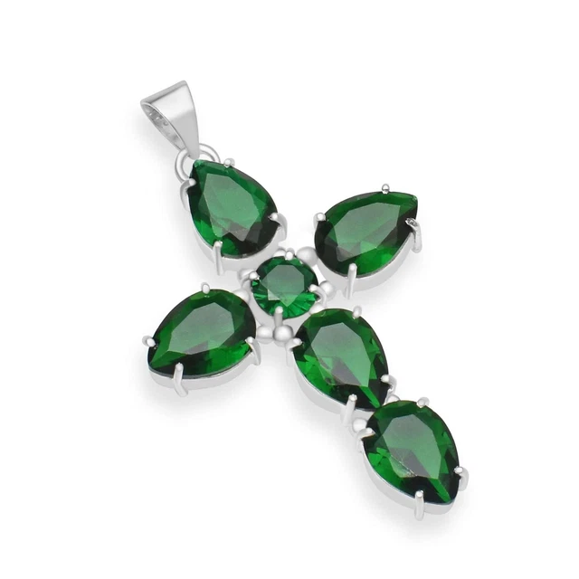 Green Quartz Ethnic Handmade Cross Design Pendant Jewelry Party Wear 2.6" CP 823