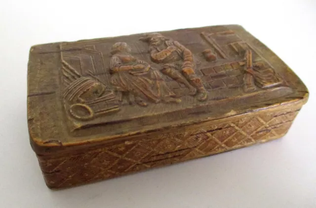 Antique or Vintage Wood Snuff Box, Raised Relief Scene on Hinged Lid