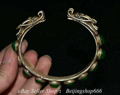 3.4" Old Chinese Silver Inlay Jade Fengshui Double Dragon Round Bracelet Bangle