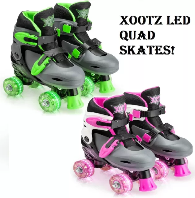 Xootz Kids Roller Skates LED Green, Pink Boys Girls Quad Boots Size 9-12 or 13-3