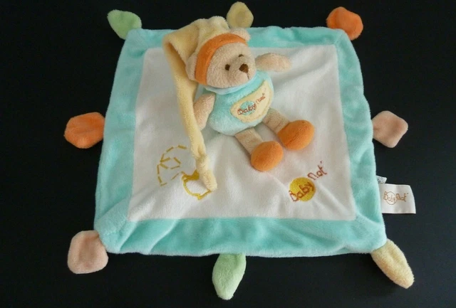 *. Doudou Plat Baby Nat Ours Blanc Bleu Jaune Vert Orange Long Bonnet Poche Ttbe