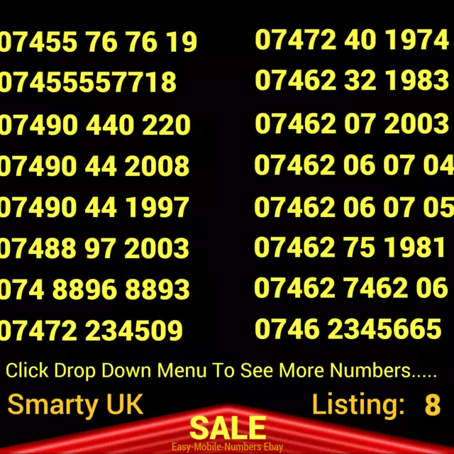 SIM CARD GOLD EASY NUMBER VIP UK SMARTY (tre) PAY AS YOU GO Elenco: 8
