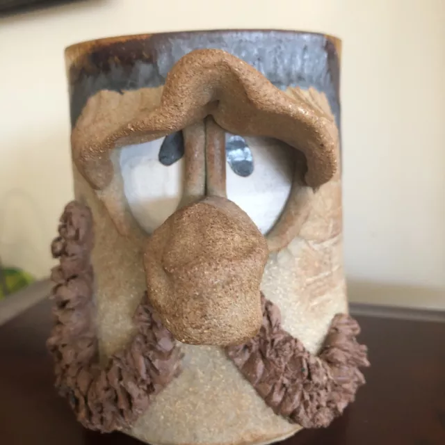 Handmade Pottery Coffee Mug 3D Face Mustache Big Eyes Stoneware Large Signed!