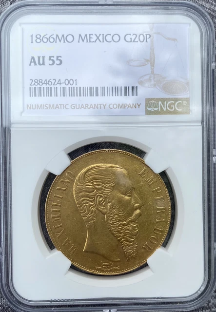 20 Pesos Mexico Gold Coin Mo 1866 Imperio Mexicano Maximiliano Scarce NGC AU55 20 Pesos Mexico Gold Coin Mo 1866 Imperio Mexicano Maximiliano Scarce NGC AU55