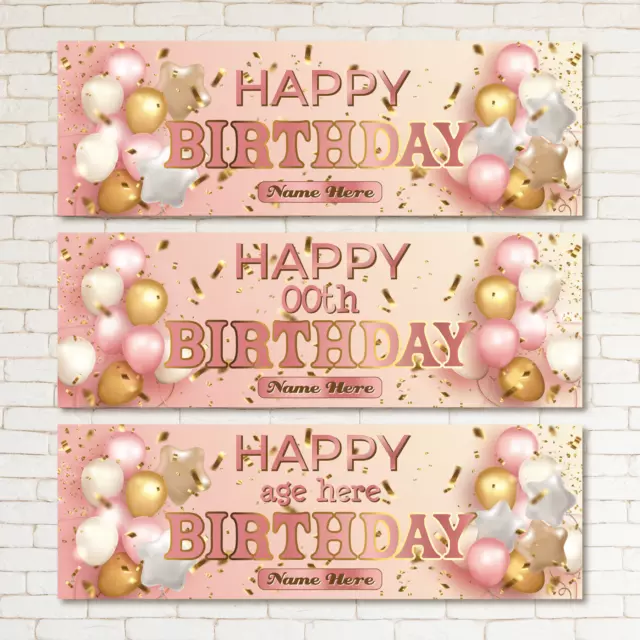 2 Personalised Birthday Banner Rose Gold Party Star Balloon Poster Decoration