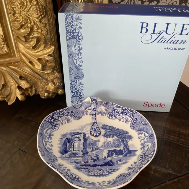 Charming New Spode Blue Italian 8.5” Handled Tray / Relish Dish in Original Box