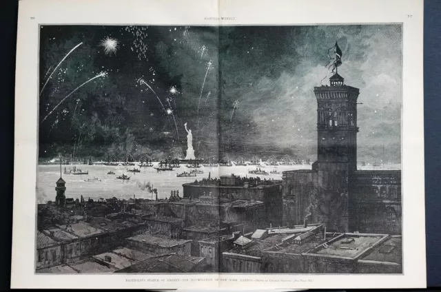 Statue of Liberty 1886 FIREWORKS NEW YORK HARBOR LIGHTS Lg GRAHAM Print w STORY