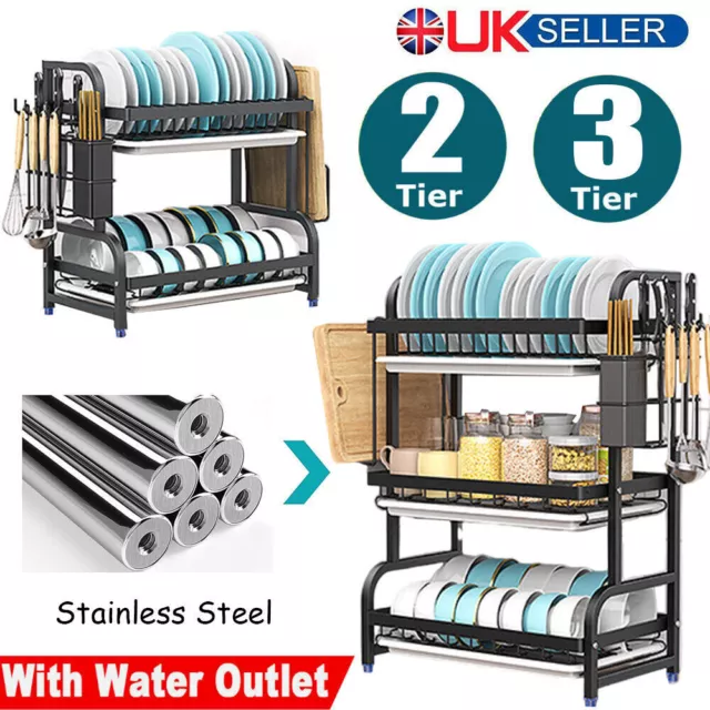 2/3 Tier Dish Drainer Plate Rack With Drip Draining Plate Bowl Tray Sink Drying