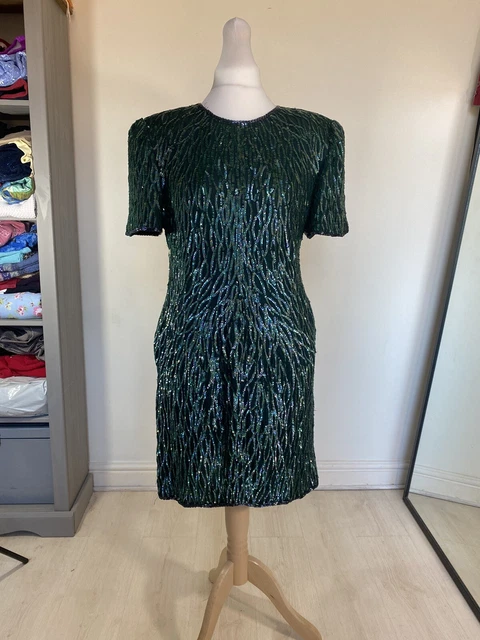 VINTAGE 80S SILK Bead Sequin Dress Laurence Kazar New York Green 12 14 UK  49.80 - PicClick UK