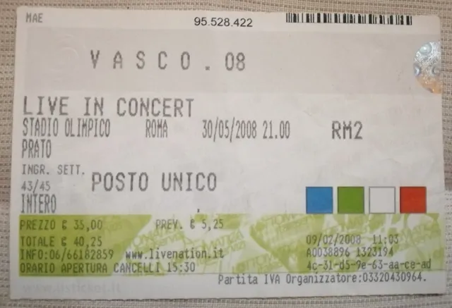 Biglietto Concerto VASCO ROSSI Vasco 08 Live in Concert ROMA 2008 Ticket