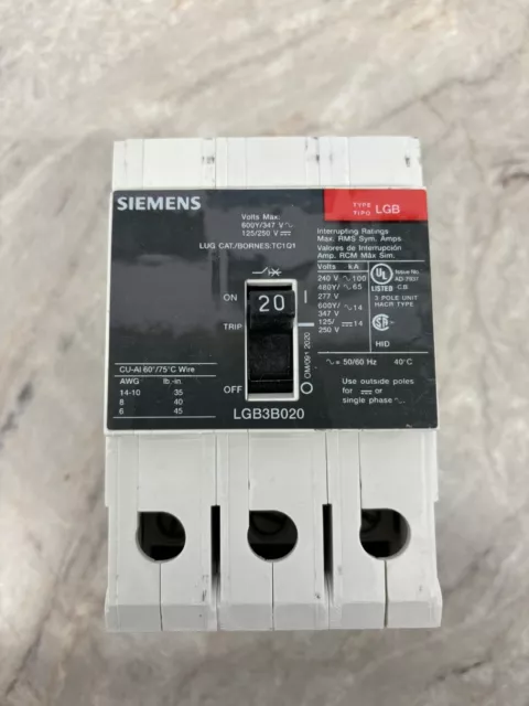 Siemens LGB3B020B 20 Amp Circuit Breaker 3 Pole 480Y/277V 65KA New-Open Box