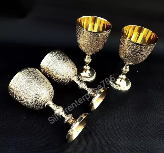 Engraved Designer Set Of 4 Engraving Wine Cup Brass King's Royal Goblet Brass