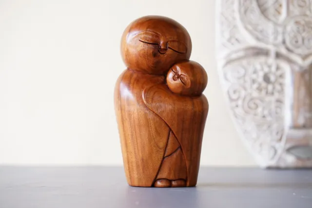Unique Wooden Jizo Mom Son Sculpture, Handmade Buddha Jizo, Hand Carved Solid