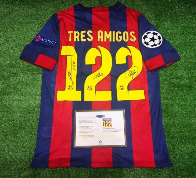 Tres AMIGOS Messi, Neymar Jr & Suarez (MSN) SIGNED Barcelona Shirt/Jersey + COA