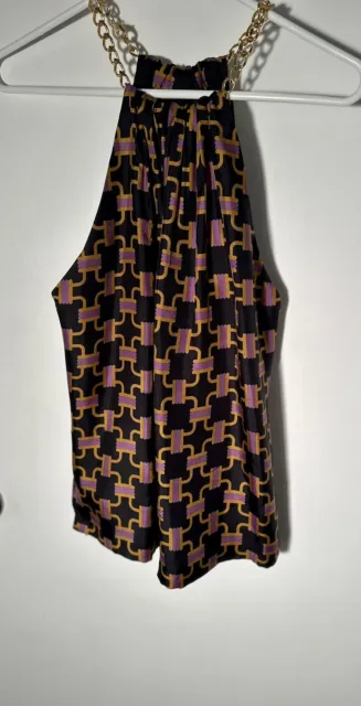 Milly Women's Black Purple Camel Link Printed Silk Halter Top Chain Straps Sz 6