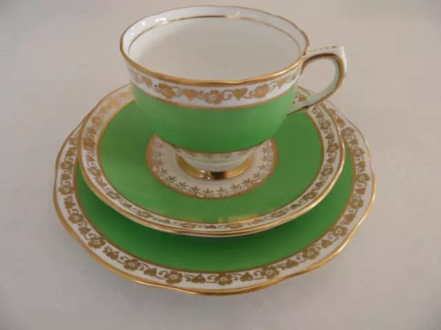 Vintage Salisbury Bone China Tea cup Saucer Plate Trio Green Band Gold Trim