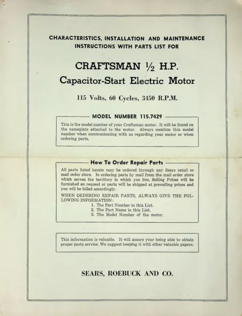 Lista de instalación y piezas de motores eléctricos Craftsman de 1/2 hp - vintage