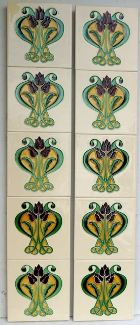 Set 10 Top Quality Stovax Art Nouveau Hand Piped Ceramic Glazed Fireplace Tiles
