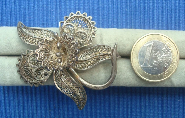 Grosse Broche Ancienne En Argent Massif Filigrané - Bijou Vintage Argenté - Occasion Porté