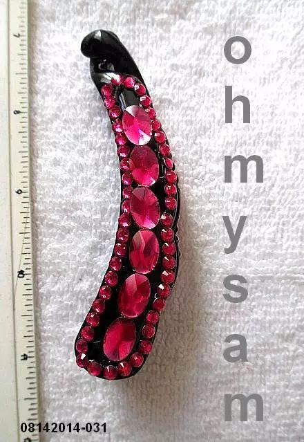 1 New Black Plastic Banana Hair Clip / Comb /Claw 3 1/2 " / Fuchsia Color Stone