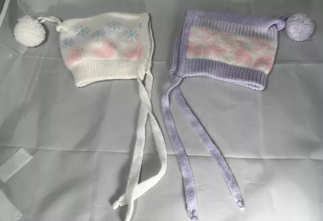 2 Vintage Knit Baby Girls Crochet Knit Bonnet Hats- Purple, White And Pink