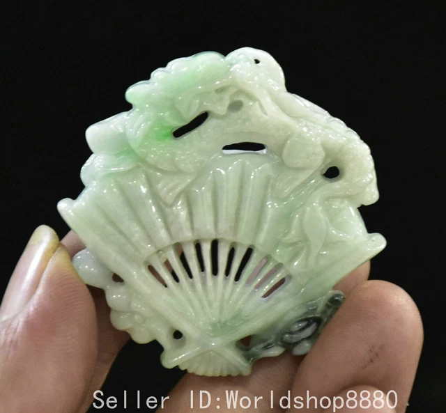2" ancient Chinese hetian jade emerald carving Dragon fan Amulet pendant