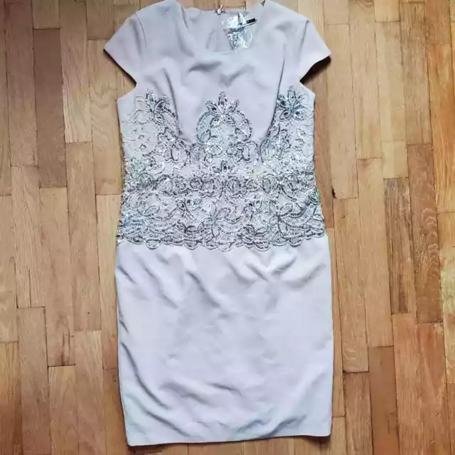 Tracy Reese Tan Silver Sequin Embellished Cap Sleeve Sheath Dress Women's 12