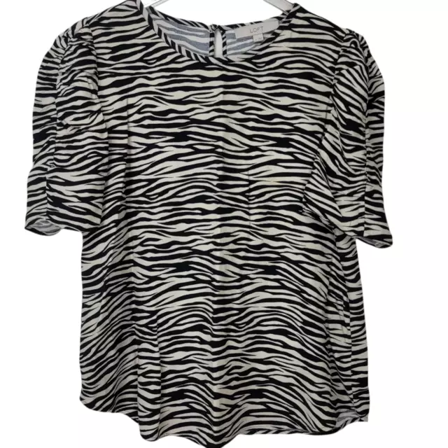 Loft Top Size Medium Black White Zebra Print Short Puff Sleeve Blouse