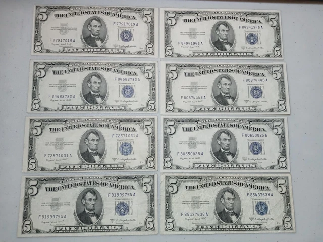 EIGHT 1953 B Five DOLLAR SILVER CERTIFICATE $5 Note Bill