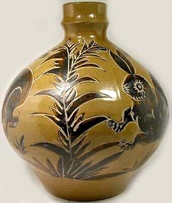 1300AD X-Large Medieval Mongol Yuan Dynasty Glazed Incised Rabbit Ceramic Vase