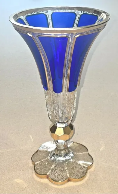 Gorgeous Moser 8 Panel Crystal Cobalt Glass & Gold Bohemian Vase 11" Tall Mint!