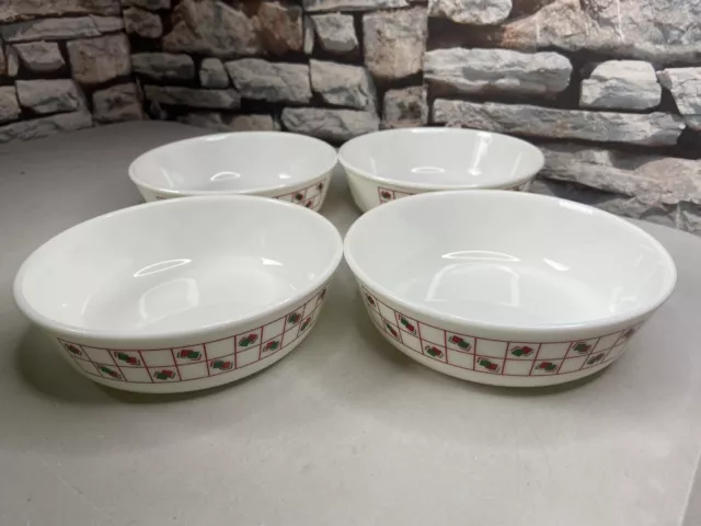 Pyrex Milk Glass Geometric Red Green Squares Cereal Soup Fruit Bowls Dishes X4