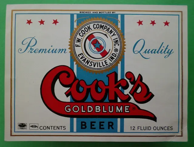 Vint 4.5''x3 1/4 label *Cook's Goldblume Beer* by F.W. Cook Co. Evansville, Ind.
