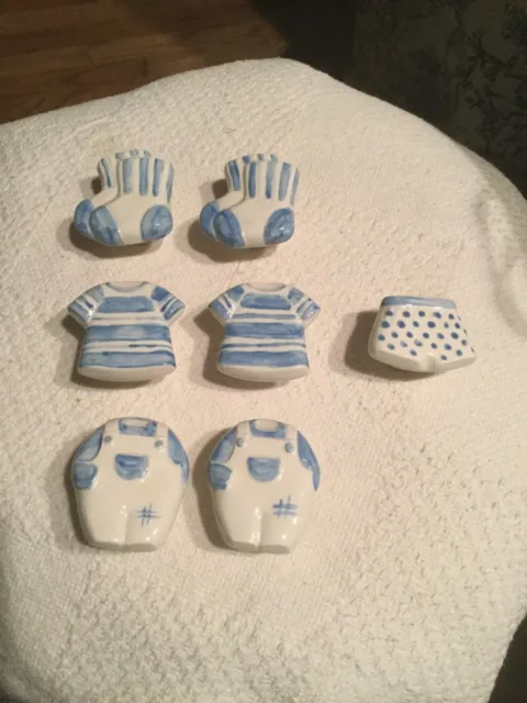 Set of 7 Yellow Baby Blue white Ceramic Knobs Pulls Bed Drawer Dresser