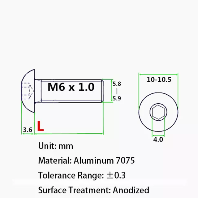 Aluminium Alloy Button Head Hex Socket Screws Allen Bolts - M6 8-15mm Length 3