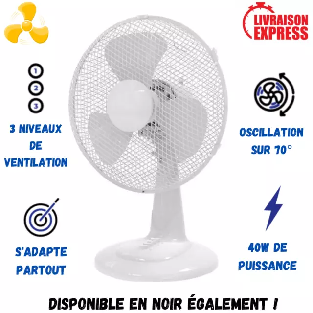 Ventilateur Table et Bureau Puissant 40W 3 Niveaux de Ventilation Portable Blanc