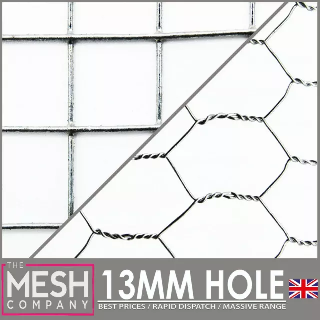 13mm Galvanised Welded & Chicken Rabbit Wire Mesh 1/2" x 1/2" Square & Hex Holes