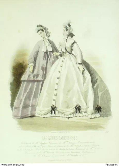 Gravure Modes parisiennes 1864 n°1112 Robes velours et manteau brodés
