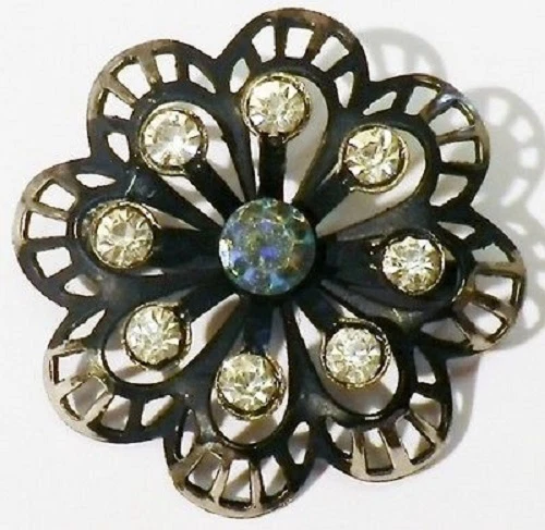 Broche Vintage Losange Pavée Cristal - Style Diamant Argent, Occasion, Référence *3727