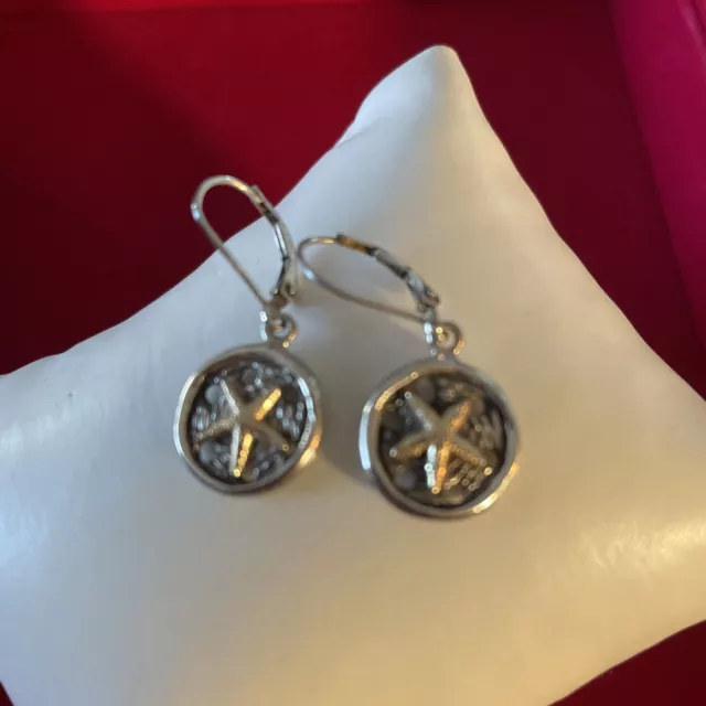 JCM 925 Sterling Silver Dangle sand dollar w 14k gold starfish sea star Earrings