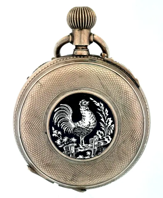 Antique Silver .800 Remontoir 10 Rubies Fancy Dial Pin Set Rooster Pocket Watch