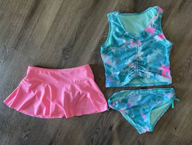 Girls Boutique Tankini Set With Swim Skort Turquoise Pink Tie Dye, Size 12